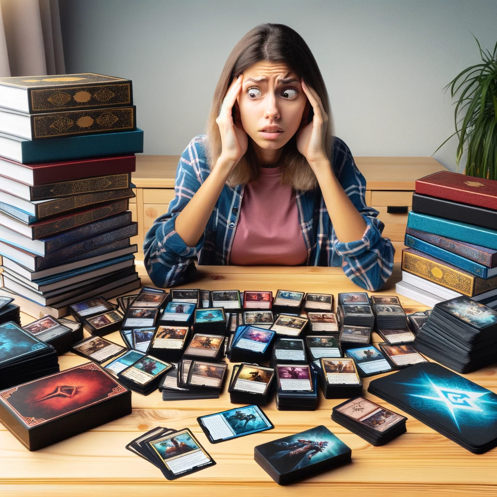 A confused new player looking at a large overwhelming stack of trading cards from various games surrounded by rulebooks and playmats