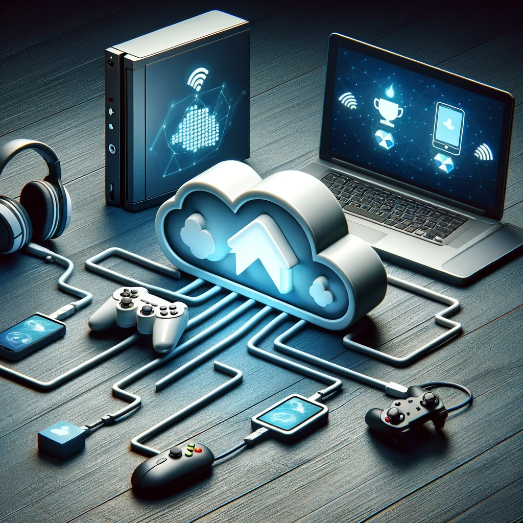 An image depicting the concept of cloud gaming showing a cloud symbol with various gaming elements like a controller a headset and a console stream