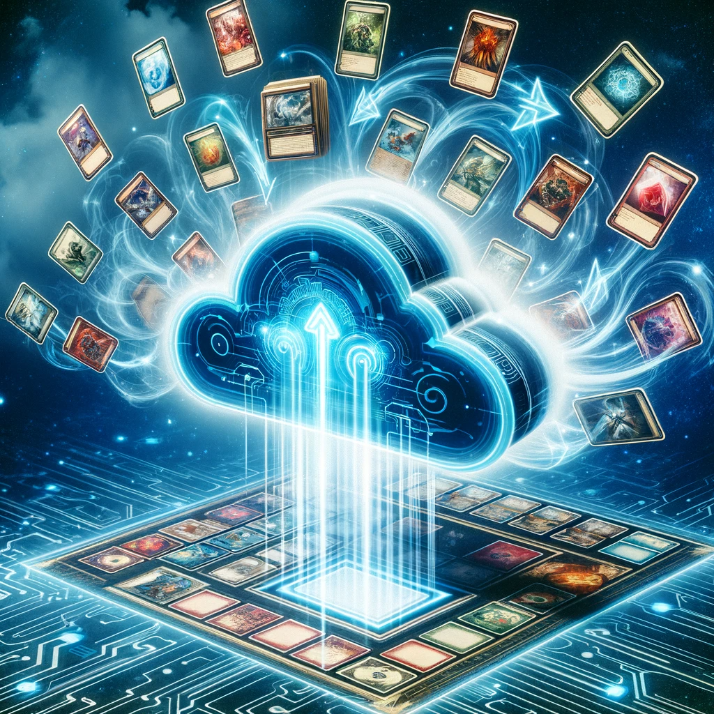 An image showing the impact of cloud gaming on the Trading Card Game TCG sector. Visualize a dynamic scene with a blend of traditional TCG elements