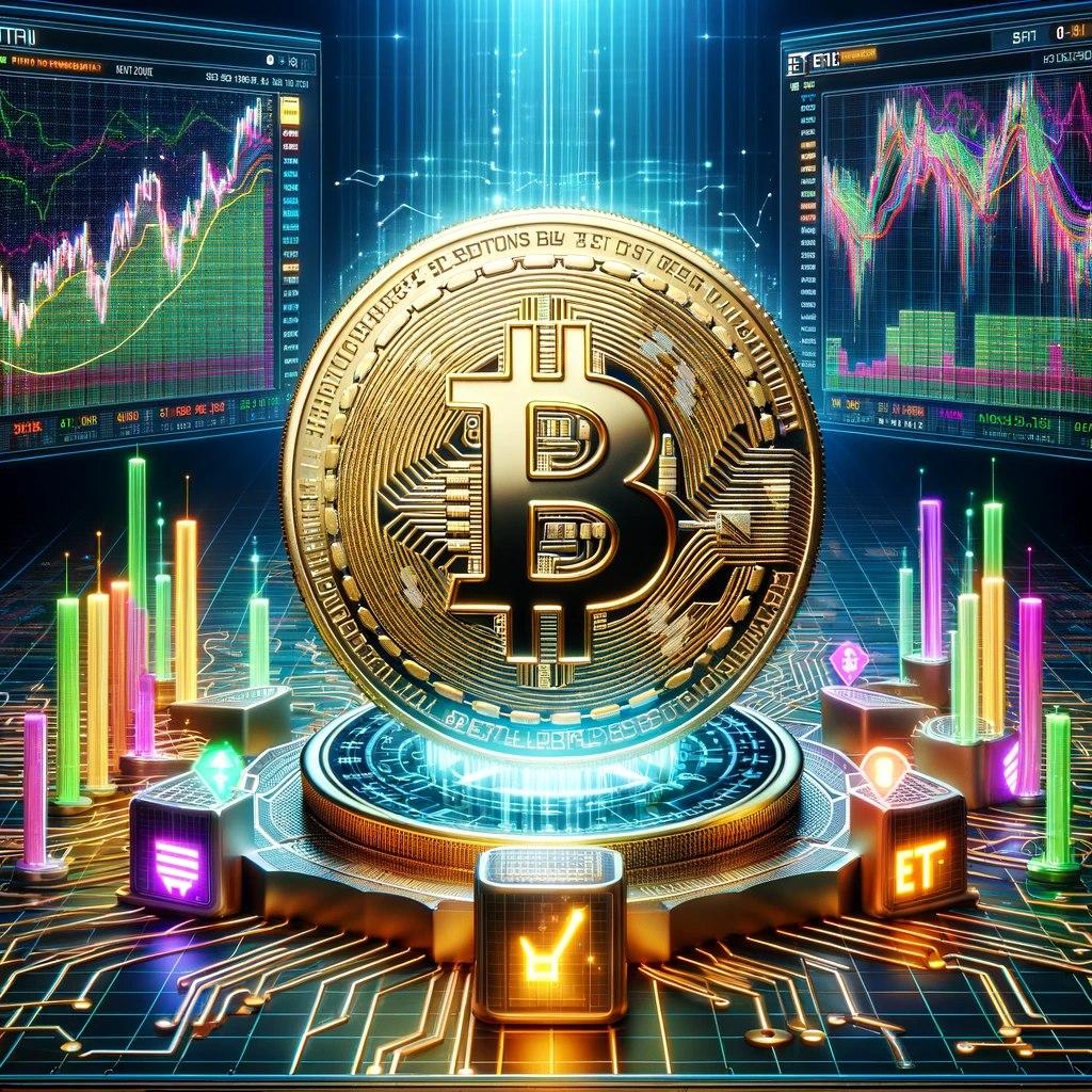 Visual representation of a Bitcoin and ETF combination. The scene shows a large golden Bitcoin coin at the center with intricate circuit patterns