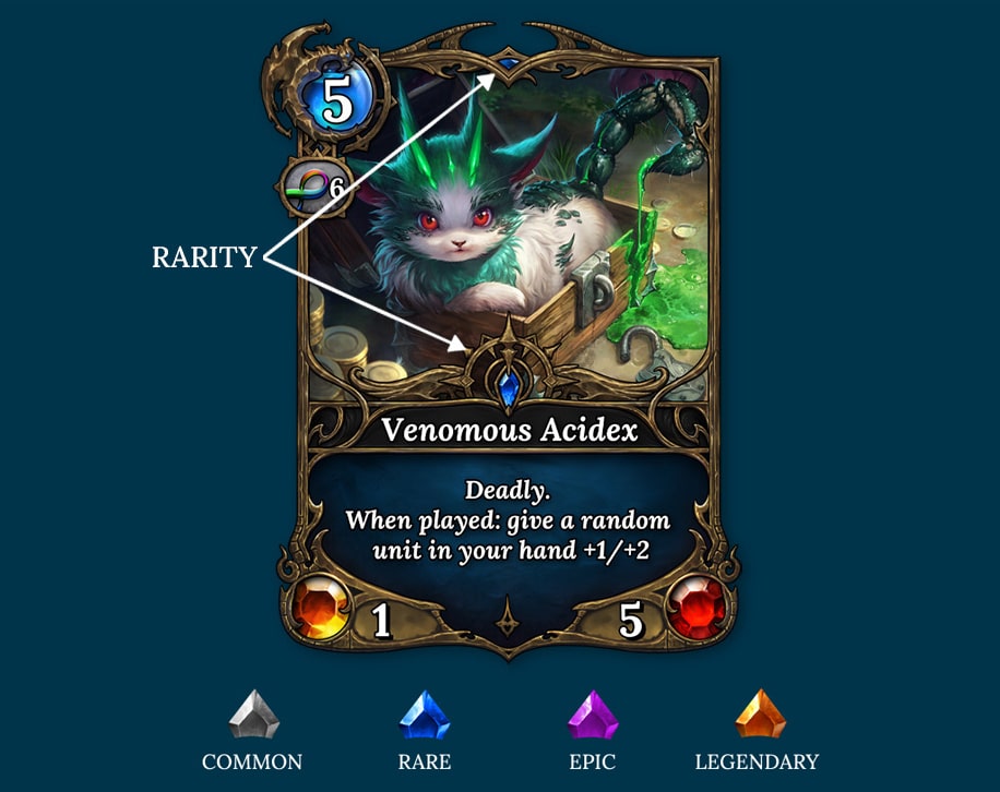 Card rarity in legends of Elysium, new digital trading card game, can be identified by the color of the gem on the card above its name. Gray color represents Common cards, blue - Rare, purple - Epic and gold - Legendary. 