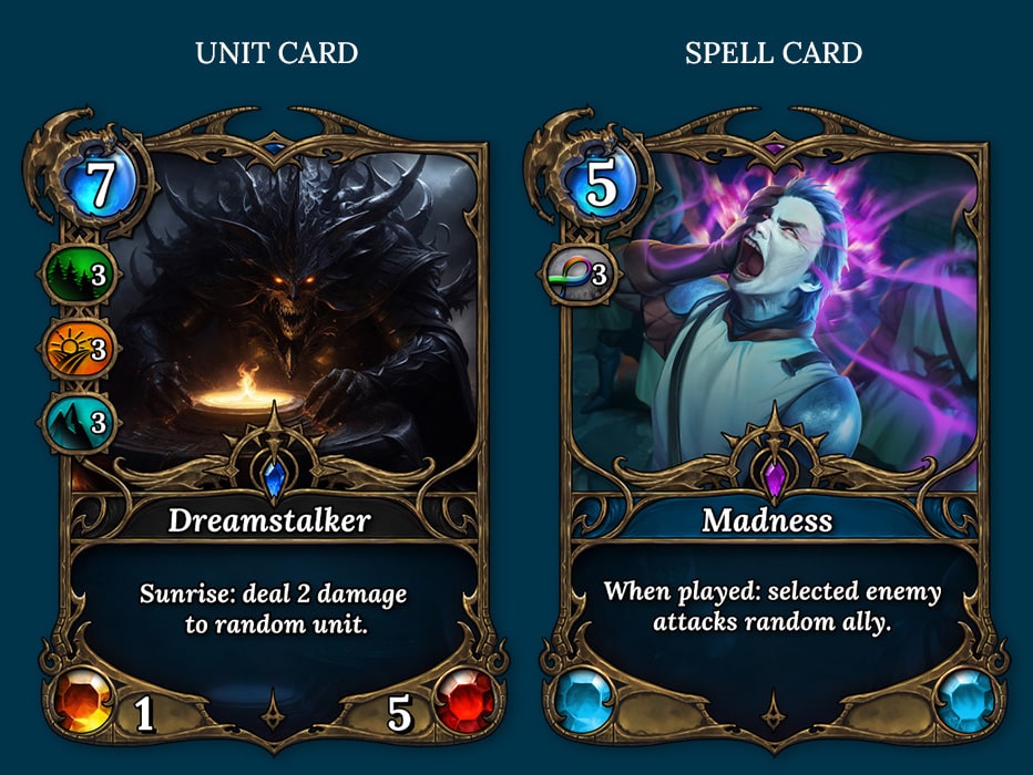 In Legends of Elysium, there are two types of cards: unit cards and spell cards. When building a deck, players can fully customize the amount of each card type according to the needs of their strategy. Unit cards are directly summoned onto the battlefield, while spell cards, when played, trigger the effects specified in their description.