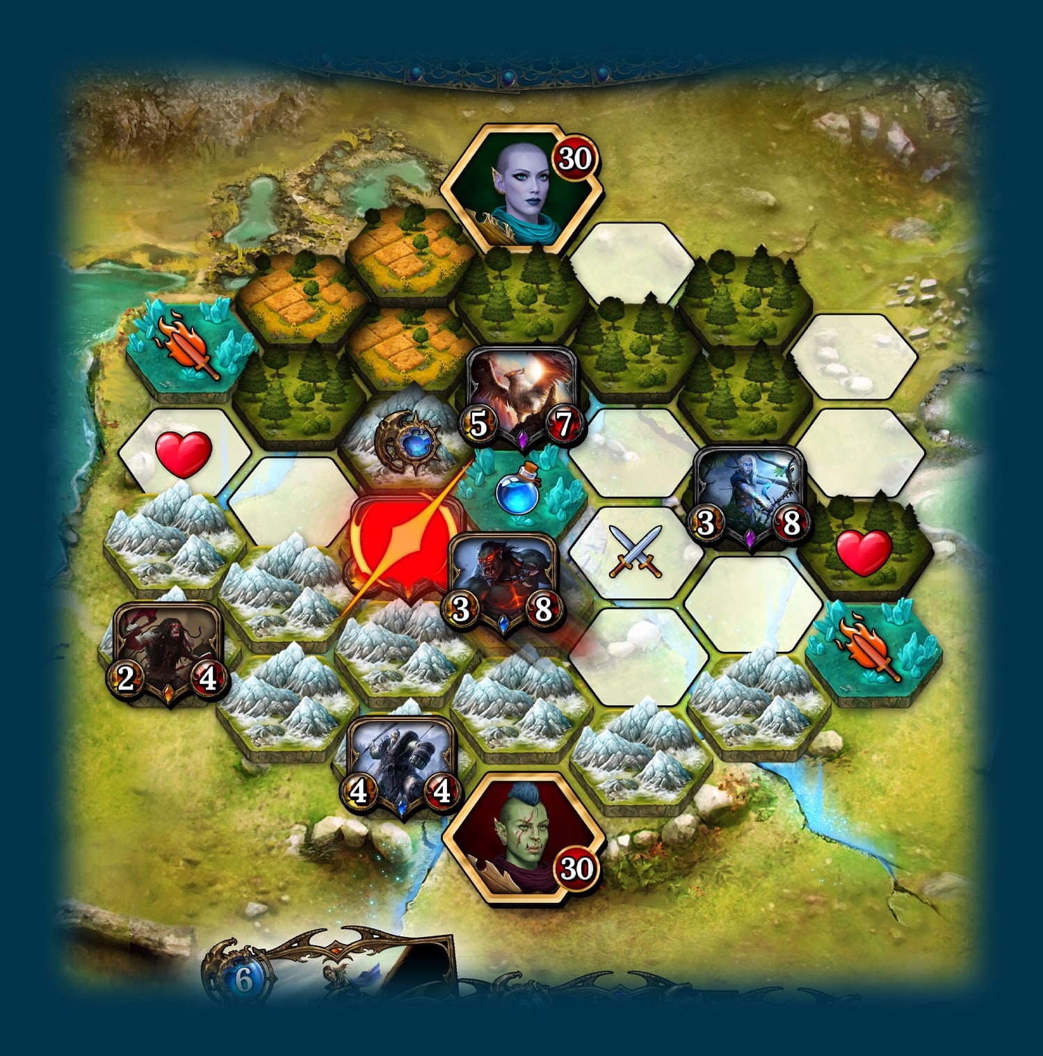 Gameplay in Legends of Elysium, where strategy meets fantasy in a unique blend of collectible card and board game elements.Legends of Elysium combines mechanics known from trading card games such as Magic the Gathering, Hearthstone and Pokemon with mechanics known from board games such as Catan, Terra Mystica and Neuroshima Hex. 