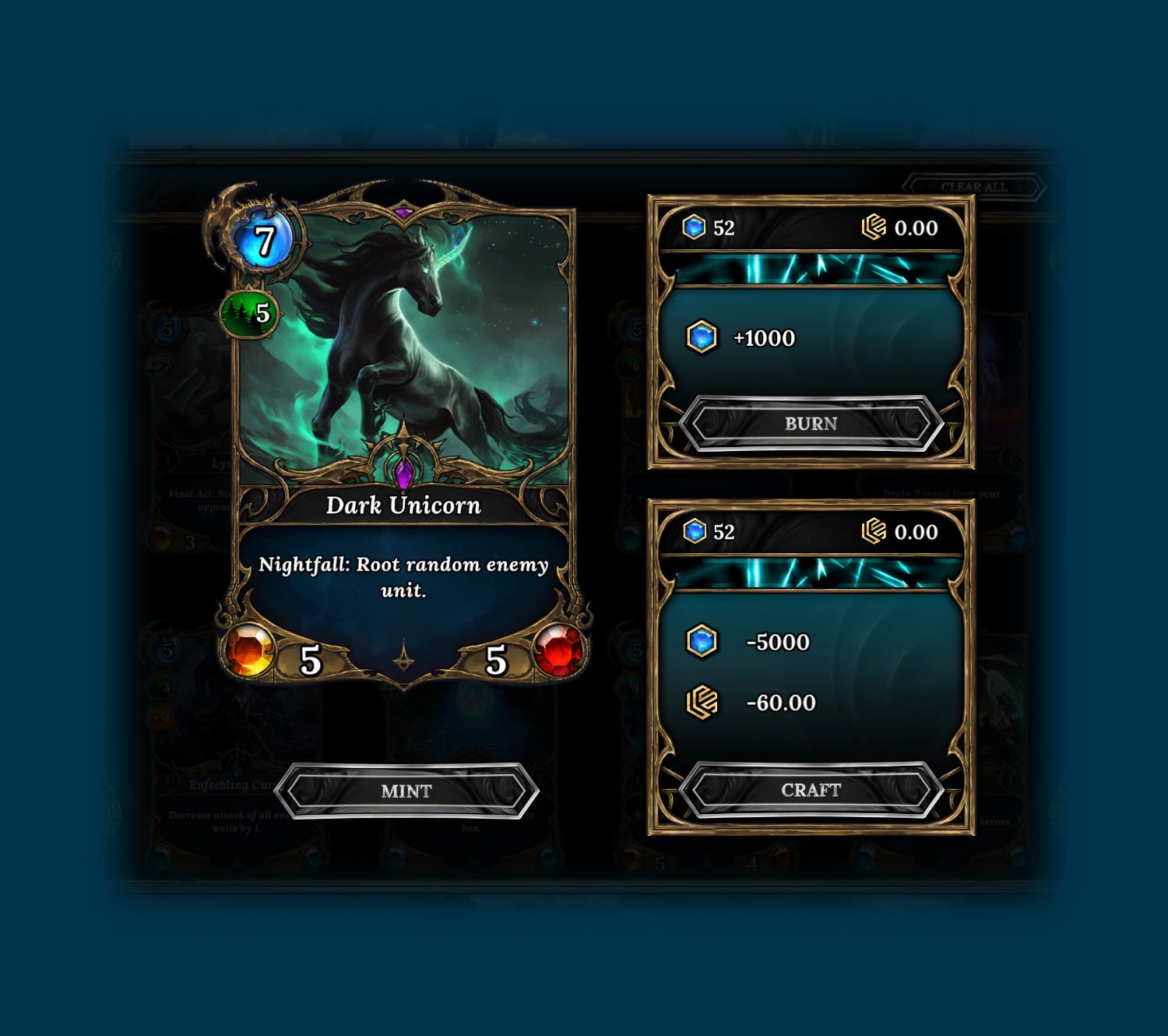 Crafting cards is an element of the Legends of Elysium mechanism that allows players to directly create new cards. Players can access crafting through the Collection screen. 